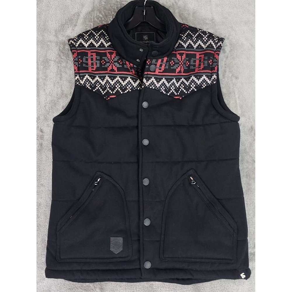 Southpole‎ Vest Mens Medium Black Soft Winter Holiday Pattern Snap On Fleece